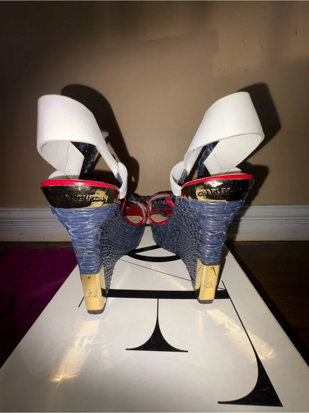 Diane Von Furstenberg Red, White and Black Lace-Up Wedge Sandals